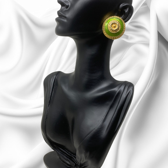 Vintage C. Stein Gold Tone Green Enamel Oversized Clip On Domed Earrings Runway - Picture 4 of 5
